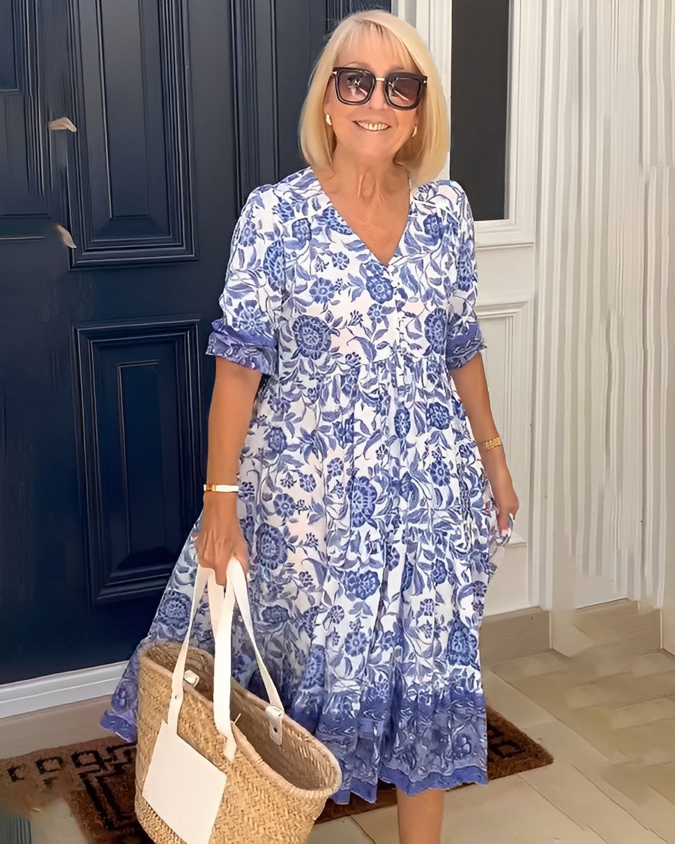 VELORA | GRACEFUL V-NECK FLORAL DRESS