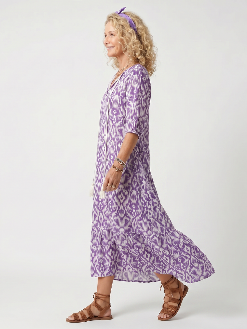 MELINA | PRINTED TASSEL TIE MIDI DRESS