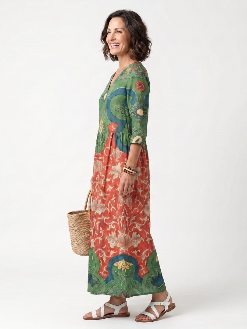 ROSALIE | MIXED PRINT V NECK POCKET MIDI DRESS