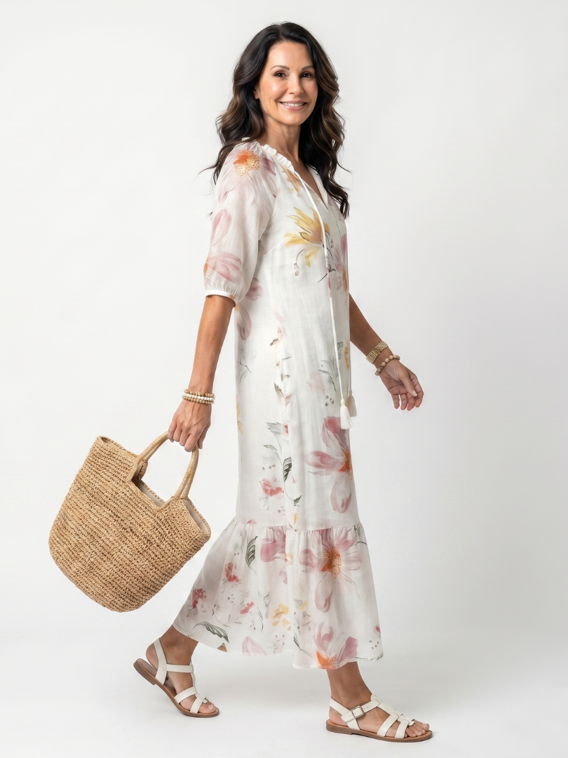 VALENTINA | SOFT FLORAL TIERED TASSEL MIDI DRESS