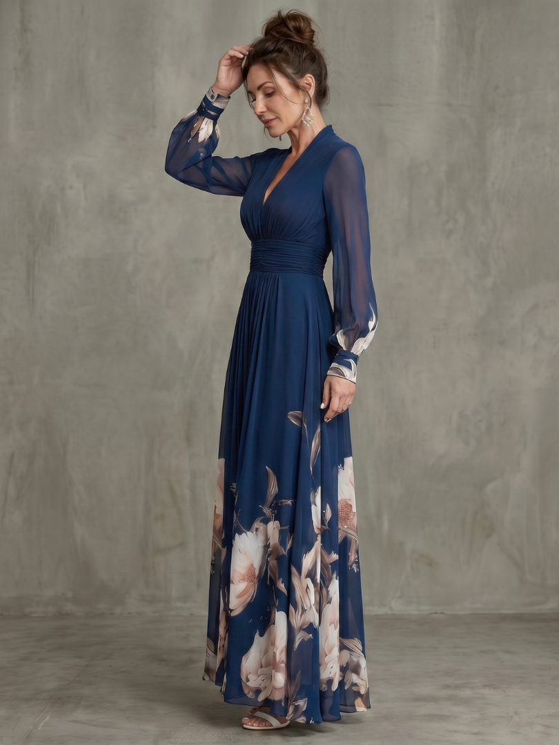 ISEL | PLEATED SHEER-SLEEVE MAXI DRESS