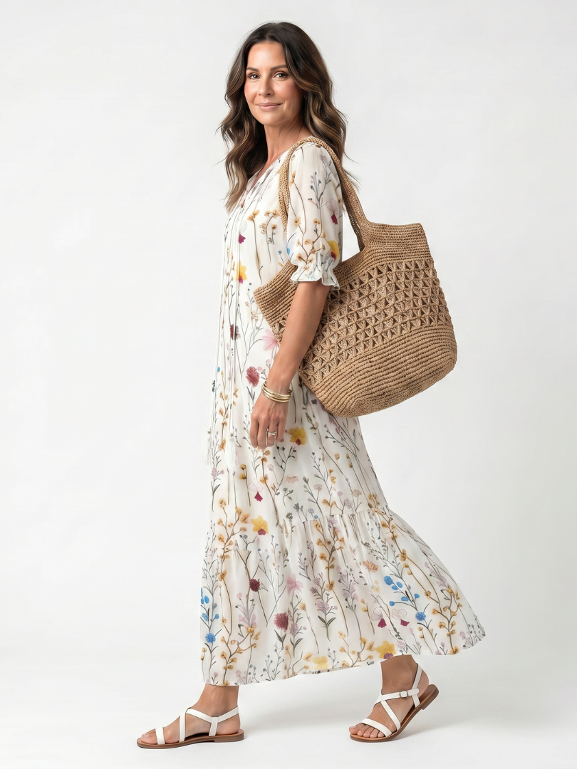 SERAPHINA | BOTANICAL PRINT TASSEL TIE MIDI DRESS