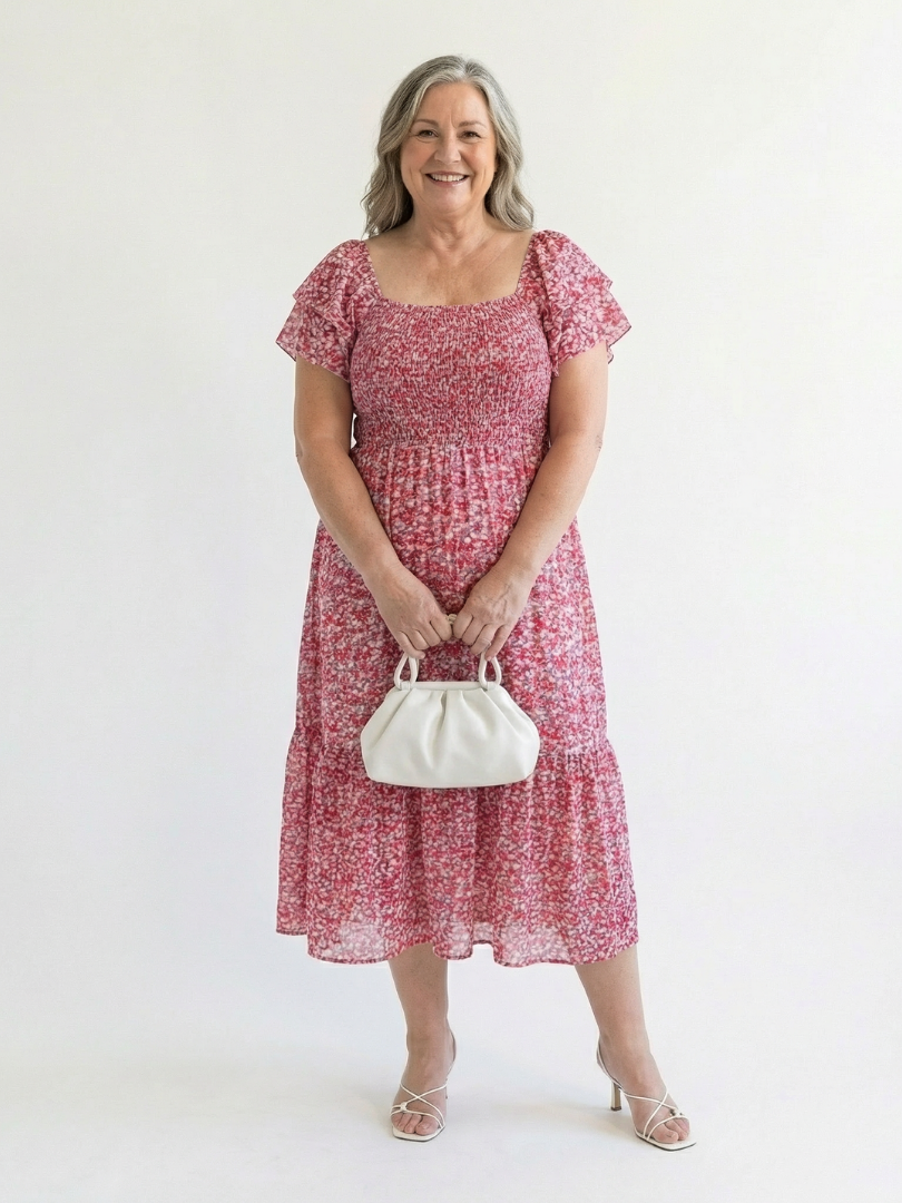 SOLVEIG | OFF SHOULDER FLORAL SMOCKED MIDI DRESS