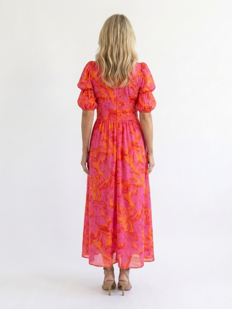 GENEVRA | FLORAL V NECK PUFF SLEEVE MIDI DRESS