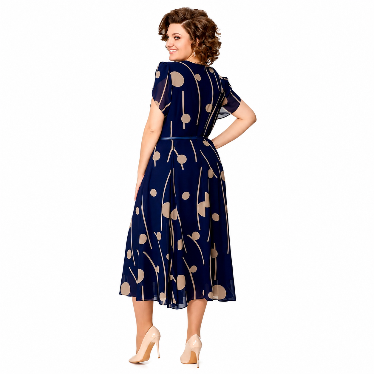 MAEVE | NAVY POLKA DOT PRINT MIDI DRESS