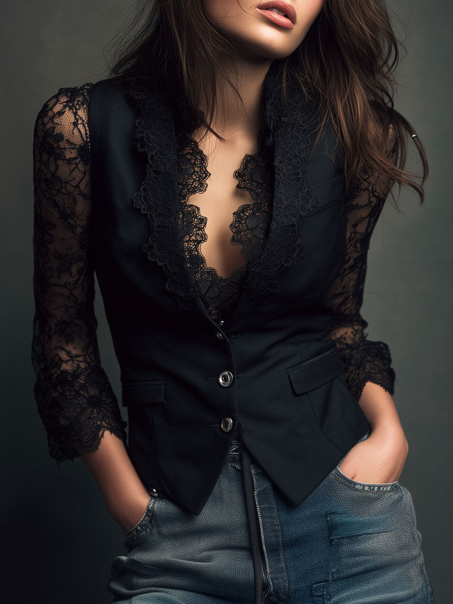 NOEMIE | STRUCTURED BLAZER TOP WITH SHEER SLEEVES