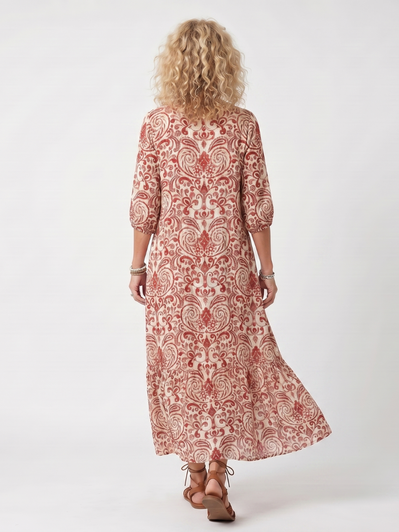 CELESTE | ORNATE PRINT TASSEL TIE MIDI DRESS