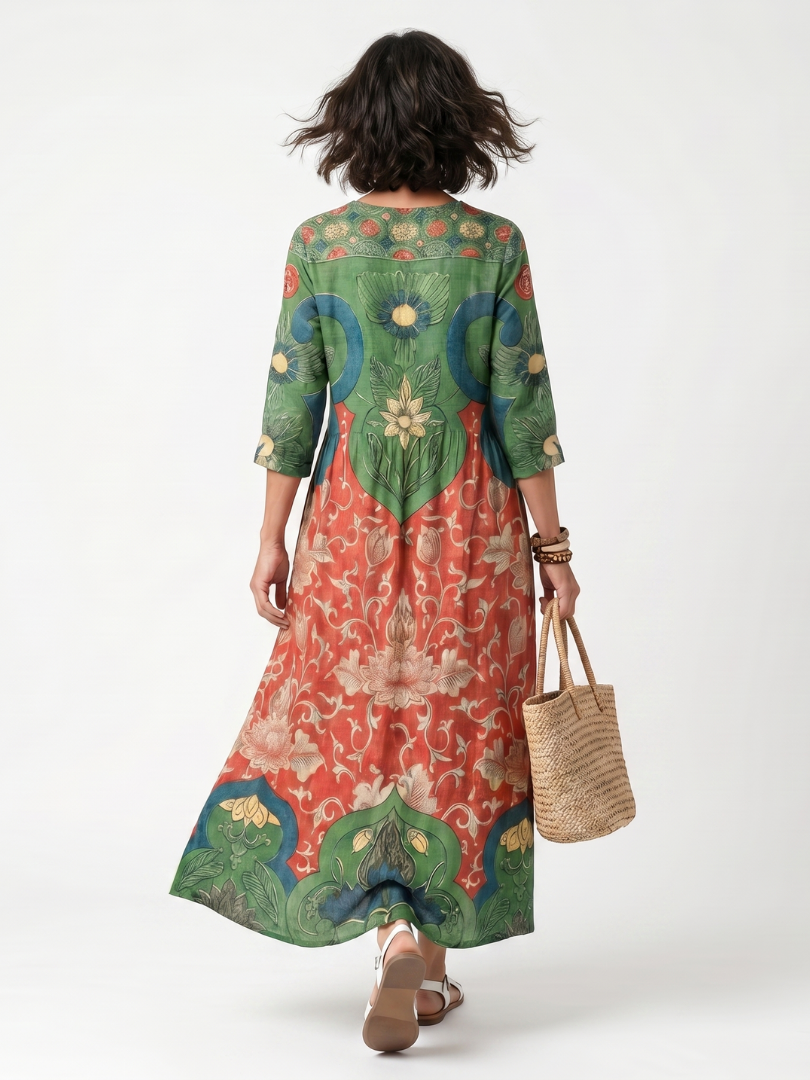 ROSALIE | MIXED PRINT V NECK POCKET MIDI DRESS