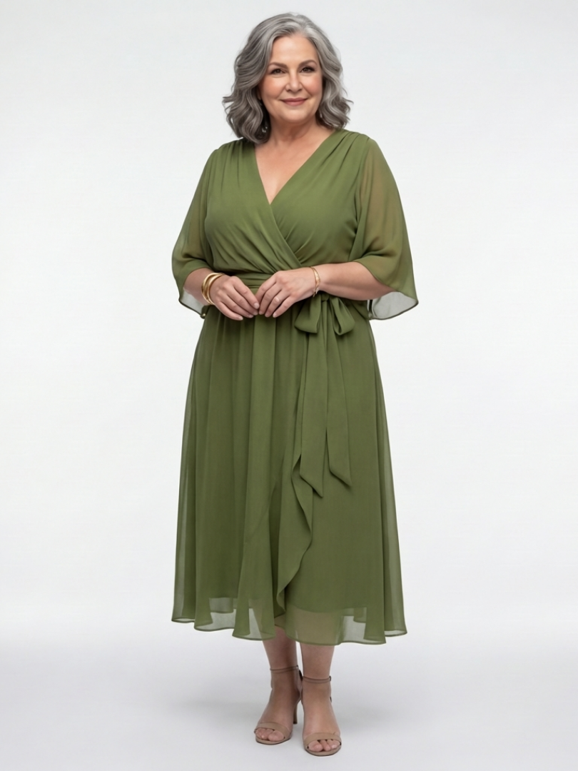 WILHELMINA | V NECK DRAPED WAIST TIE MIDI DRESS