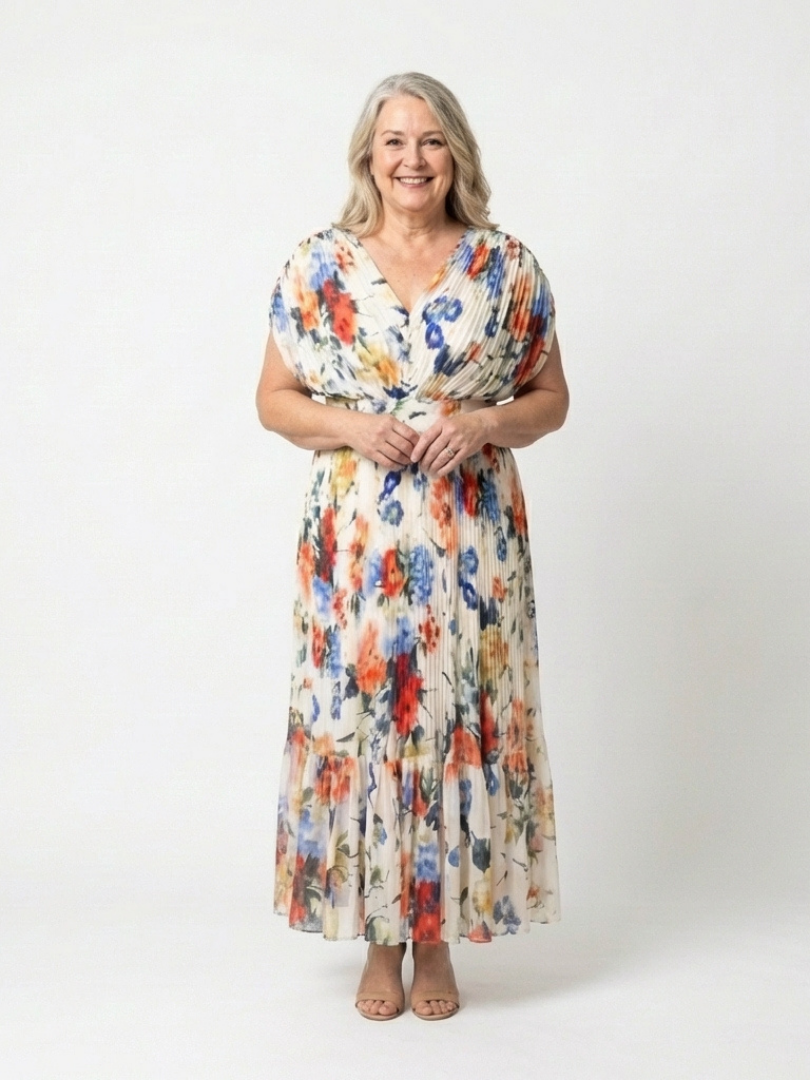 FAUSTINE | SHORT SLEEVE PLEATED FLORAL MIDI DRESS
