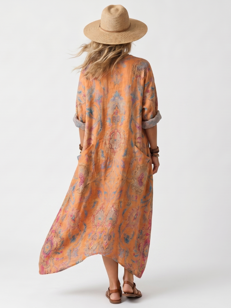 MARGAUX | NOTCH NECK PRINTED OVERSIZED POCKET MIDI DRESS