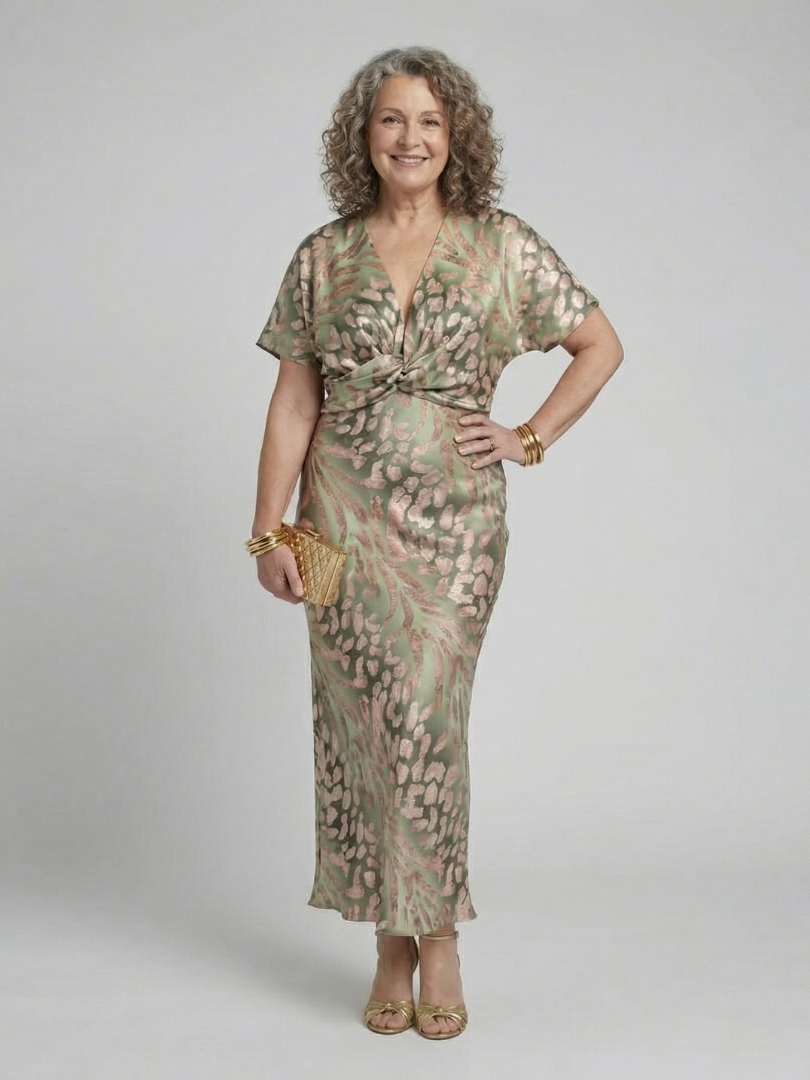 THESSALY | ABSTRACT PRINT V NECK TWIST WAIST MIDI DRESS