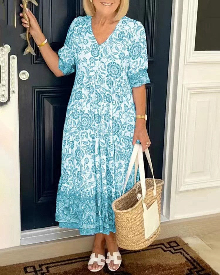 VELORA | GRACEFUL V-NECK FLORAL DRESS