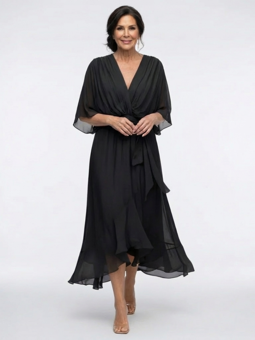 WILHELMINA | V NECK DRAPED WAIST TIE MIDI DRESS