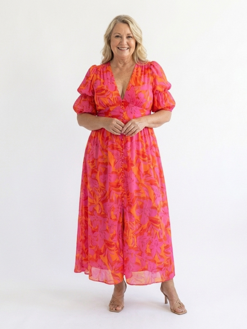 GENEVRA | FLORAL V NECK PUFF SLEEVE MIDI DRESS
