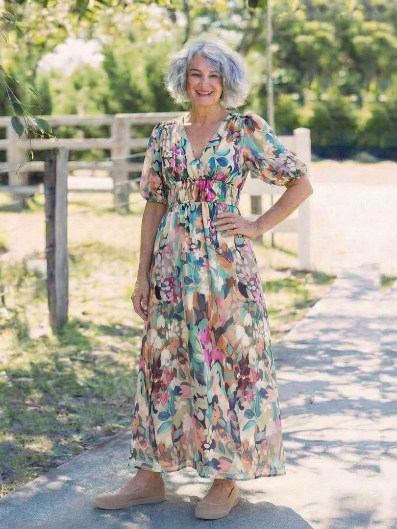 INES | V NECK SHORT SLEEVE GATHERED WAIST MIDI DRESS