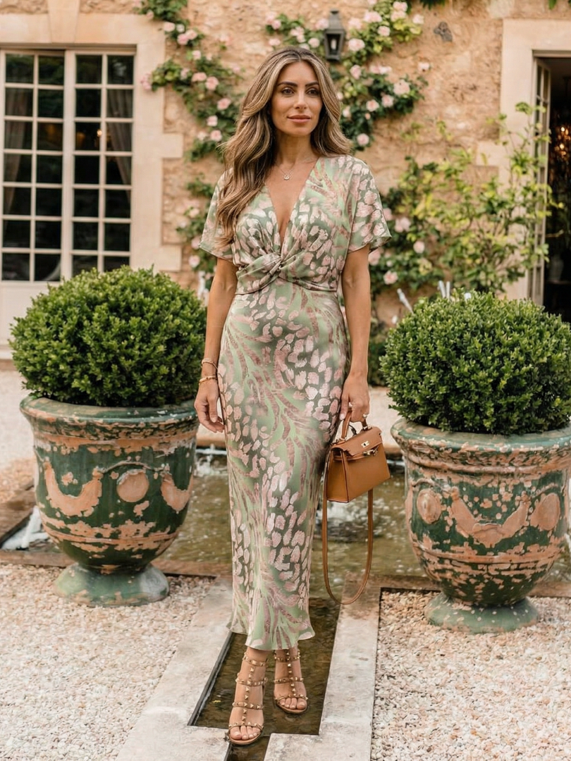 CAROLIE | ABSTRACT PRINT V-NECK MIDI DRESS