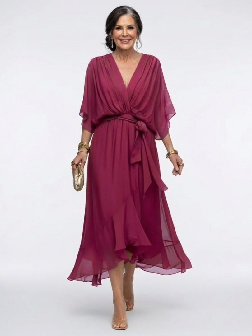 WILHELMINA | V NECK DRAPED WAIST TIE MIDI DRESS