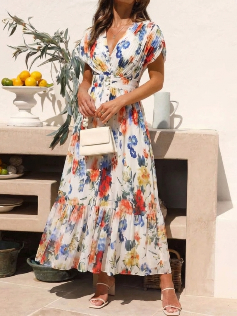 FAUSTINE | SHORT SLEEVE PLEATED FLORAL MIDI DRESS