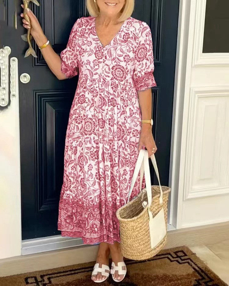 VELORA | GRACEFUL V-NECK FLORAL DRESS