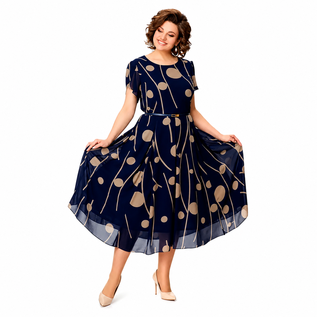 MAEVE | NAVY POLKA DOT PRINT MIDI DRESS