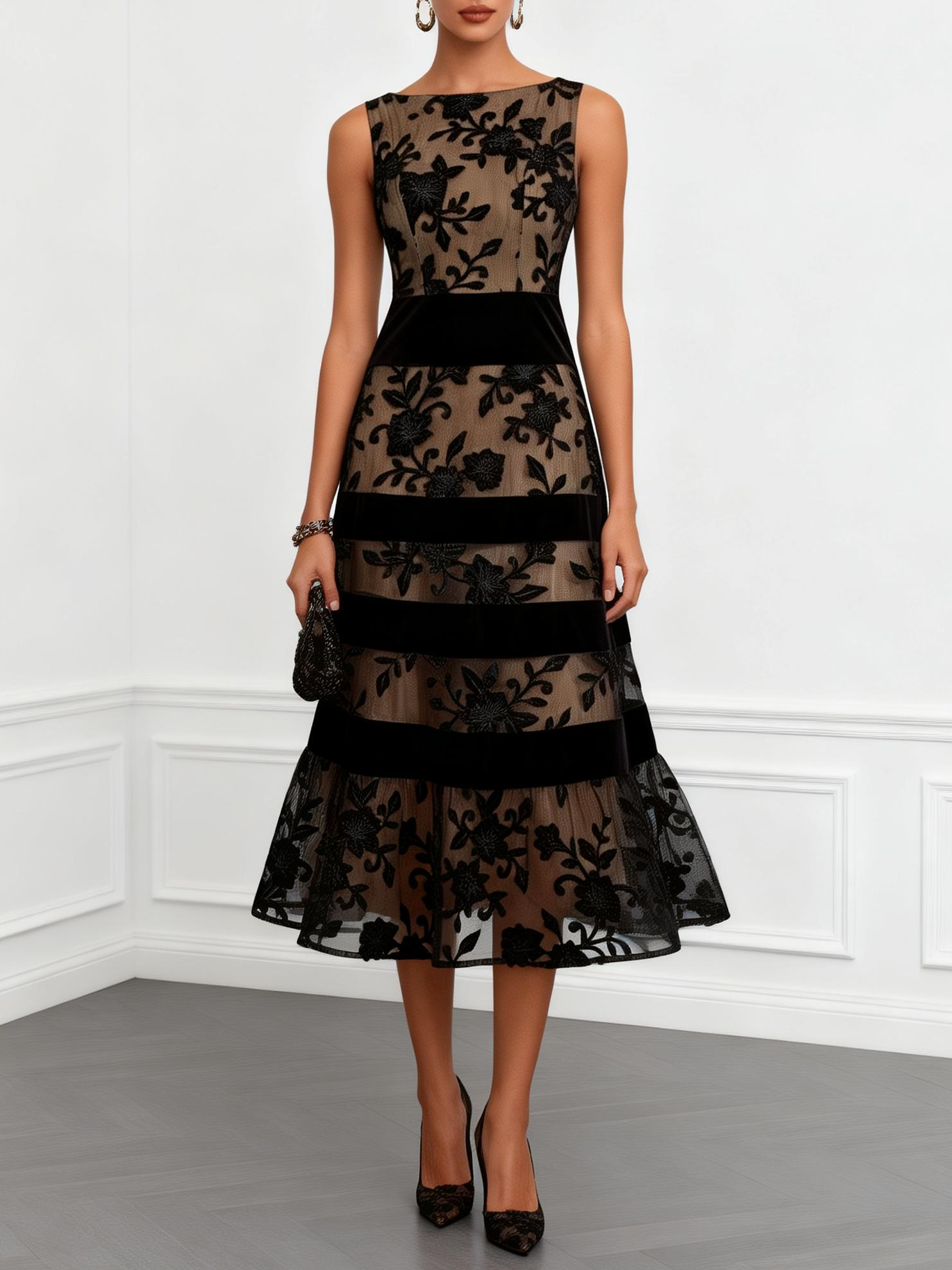 BRIELLE | MESH FLORAL A-LINE MIDI DRESS