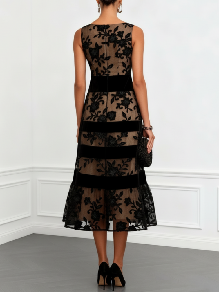 BRIELLE | MESH FLORAL A-LINE MIDI DRESS