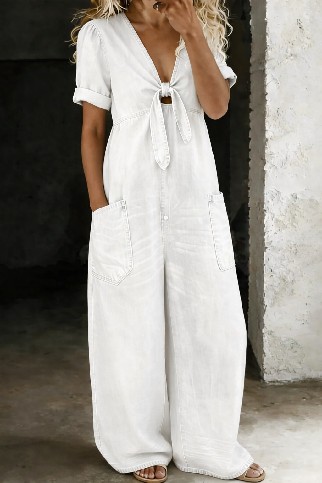 MAYE | DENIM V-NECK WIDE-LEG JUMPSUIT