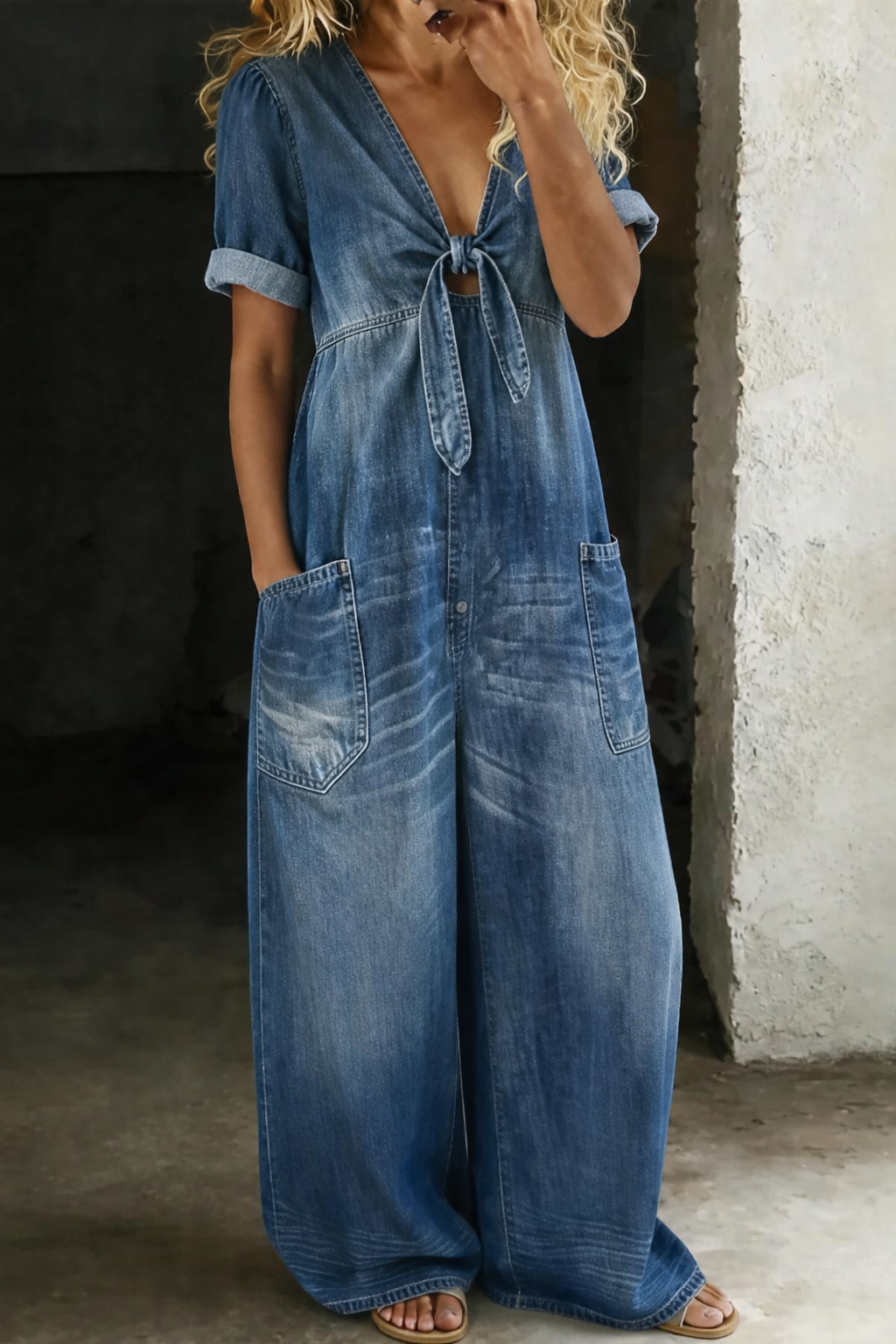 MAYE | DENIM V-NECK WIDE-LEG JUMPSUIT