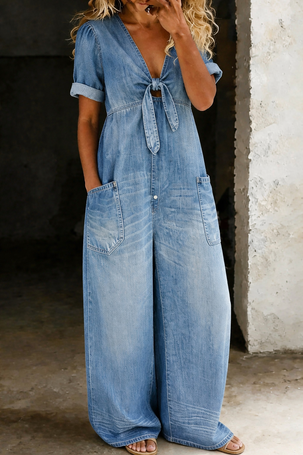 MAYE | DENIM V-NECK WIDE-LEG JUMPSUIT
