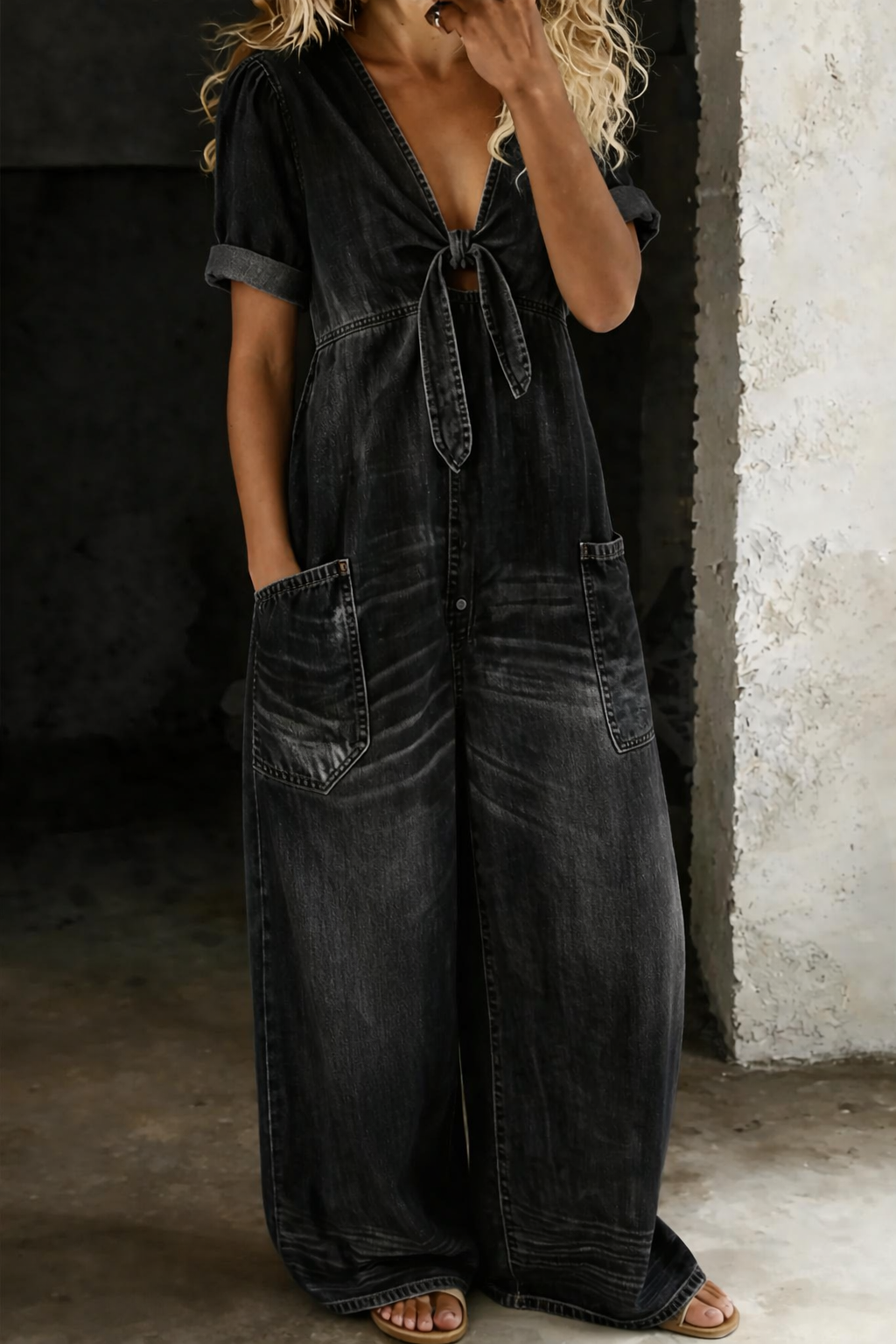 MAYE | DENIM V-NECK WIDE-LEG JUMPSUIT