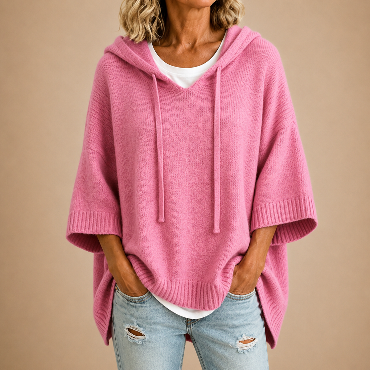 CLEMENTINE | HOODED PONCHO WITH THREE-QUARTER SLEEVES