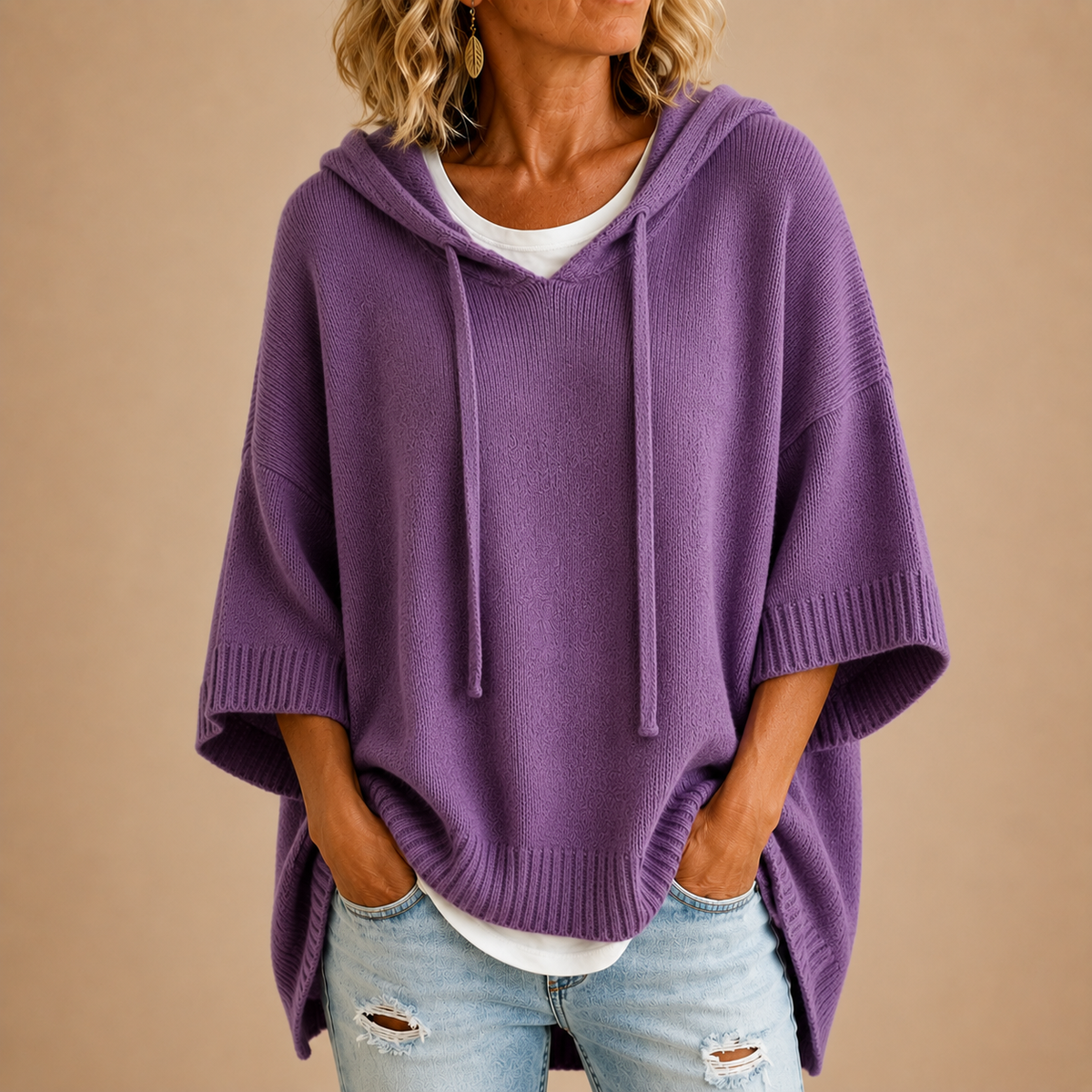 CLEMENTINE | HOODED PONCHO WITH THREE-QUARTER SLEEVES