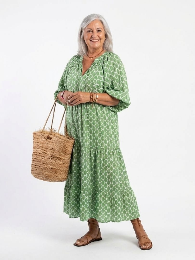 PERPETUA | THREE QUARTER SLEEVE V NECK PATTERNED MIDI DRESS