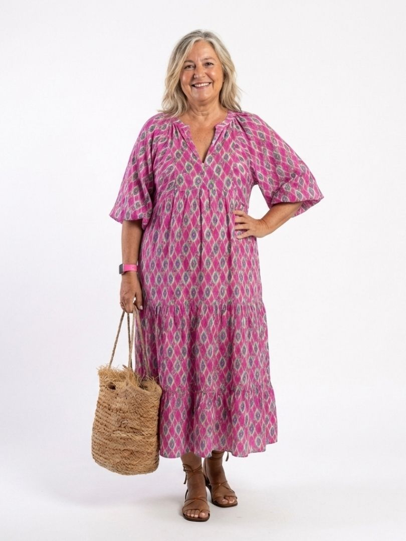 PERPETUA | THREE QUARTER SLEEVE V NECK PATTERNED MIDI DRESS