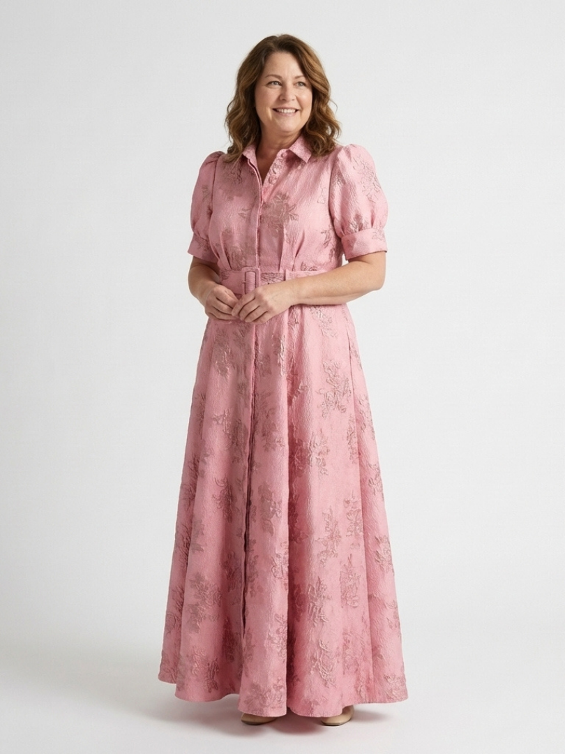 SAOIRSE | SHORT SLEEVE BELTED FLORAL TEXTURED MAXI SHIRT DRESS