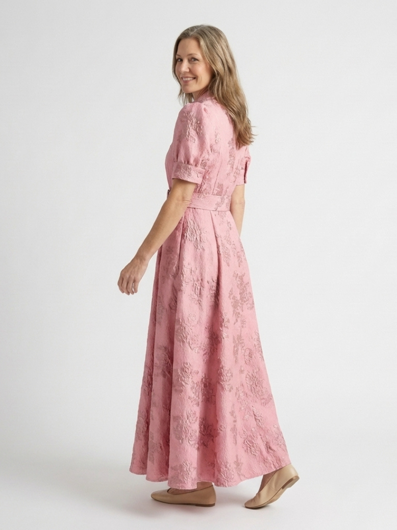 SAOIRSE | SHORT SLEEVE BELTED FLORAL TEXTURED MAXI SHIRT DRESS