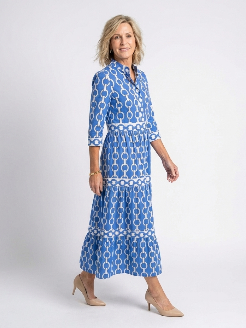 ROSALIND | THREE QUARTER SLEEVE CHAIN PATTERN MIDI DRESS