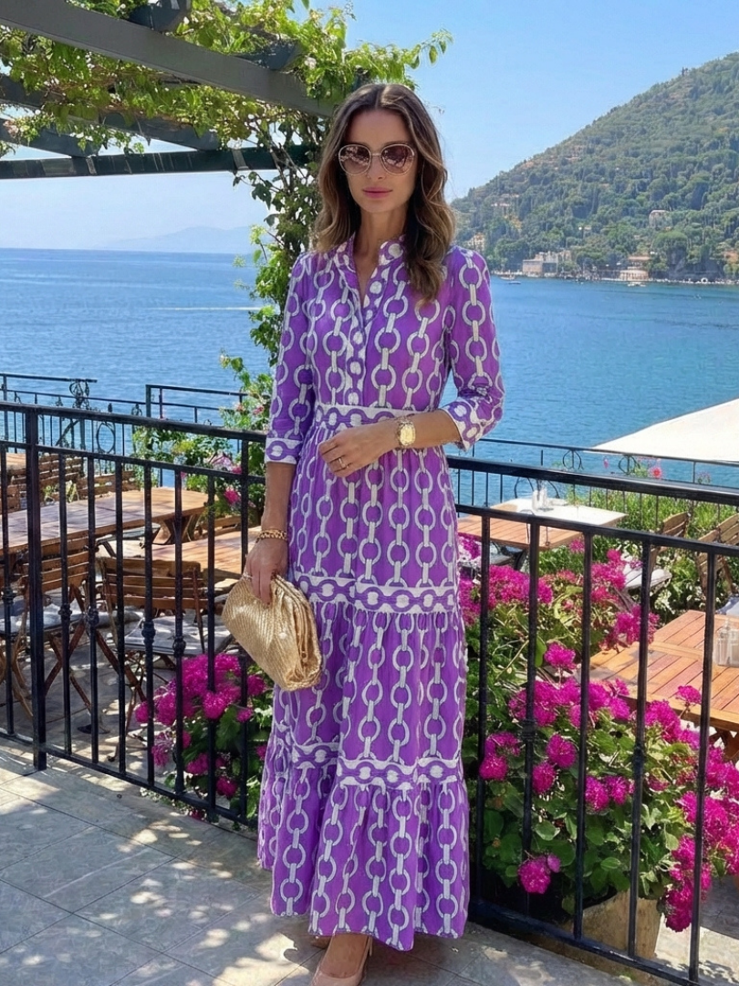 ROSALIND | THREE QUARTER SLEEVE CHAIN PATTERN MIDI DRESS