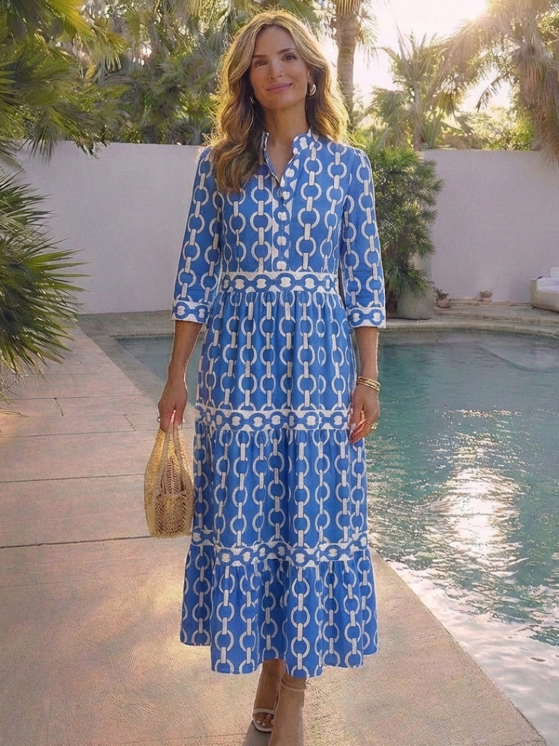 ROSALIND | THREE QUARTER SLEEVE CHAIN PATTERN MIDI DRESS