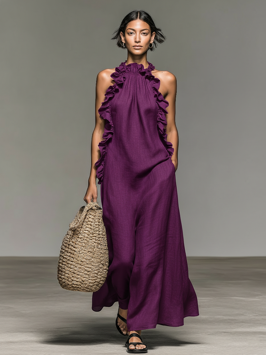MADELEINE | RUFFLE-NECK MAXI DRESS WITH POCKETS