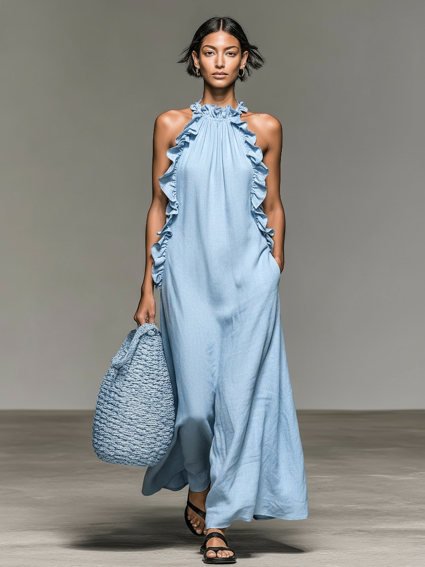 MADELEINE | RUFFLE-NECK MAXI DRESS WITH POCKETS