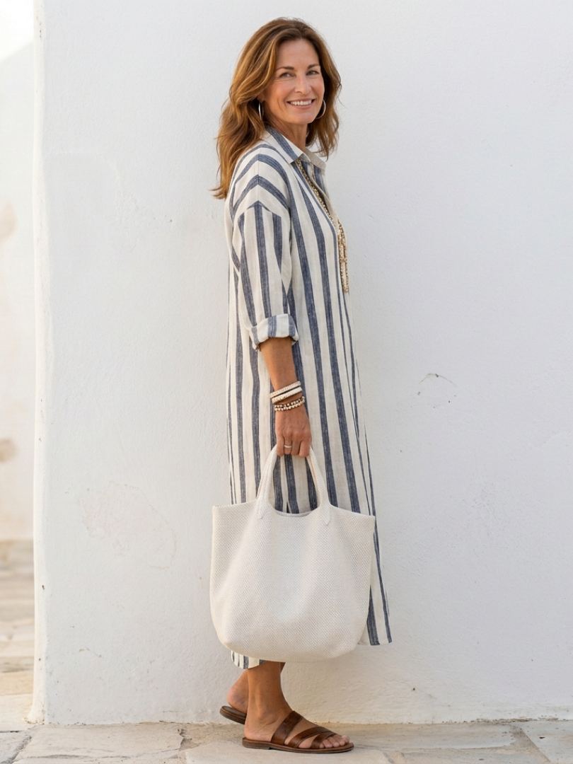 HARPER | STRIPED MIDI DRESS WITH TUMMY COVERAGE