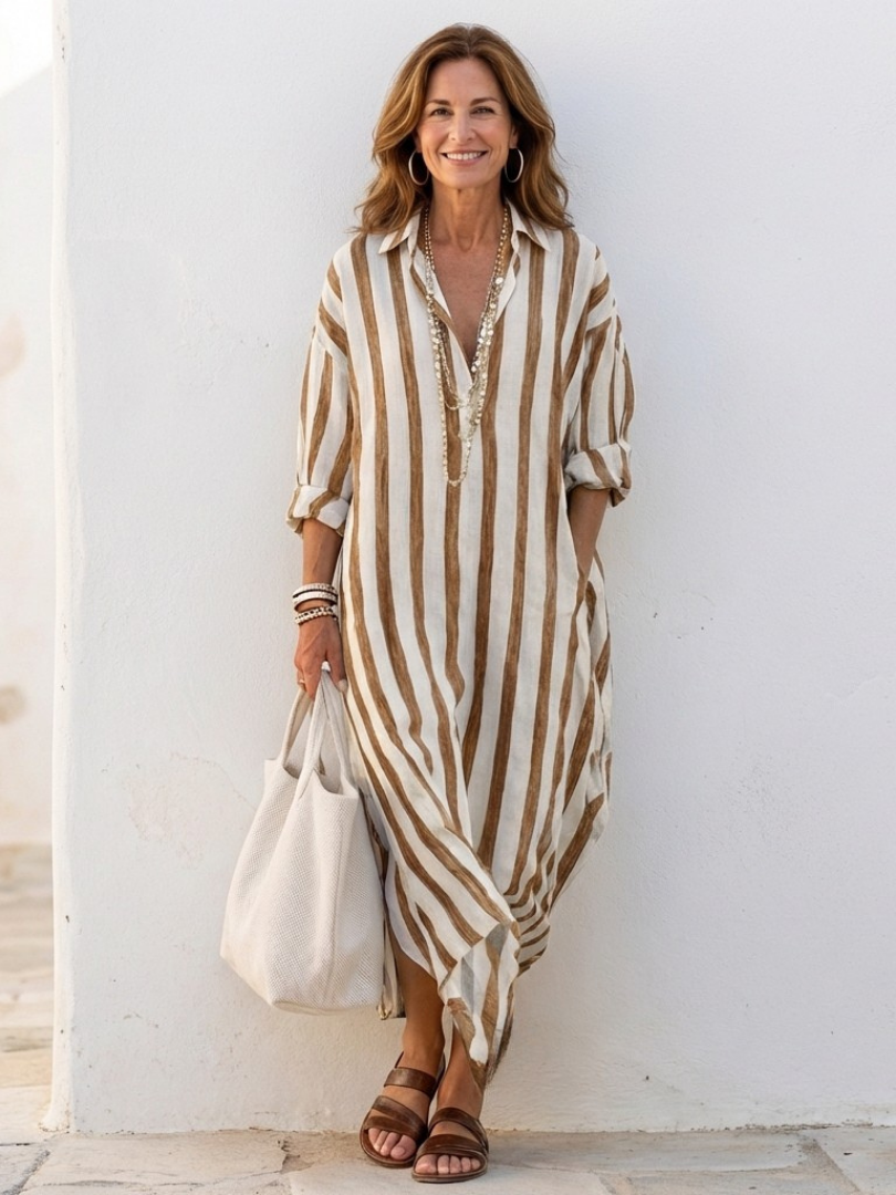 HARPER | STRIPED MIDI DRESS WITH TUMMY COVERAGE