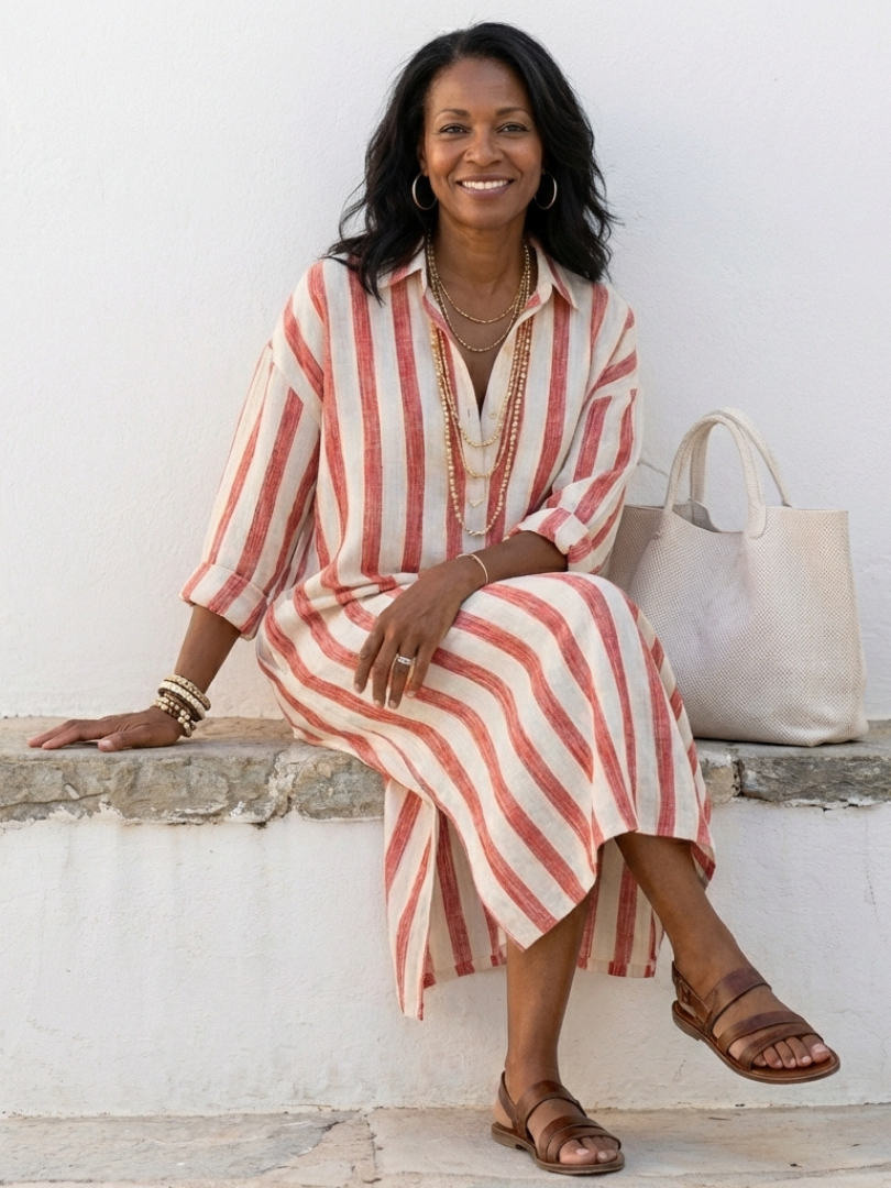 HARPER | STRIPED MIDI DRESS WITH TUMMY COVERAGE