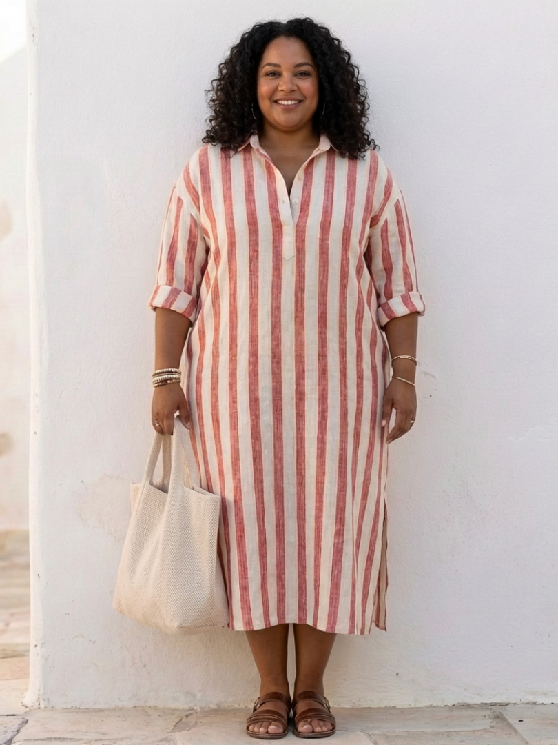 HARPER | STRIPED MIDI DRESS WITH TUMMY COVERAGE