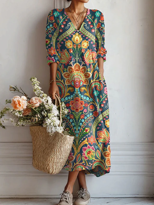 MARGARET | ELEGANT FLORAL MIDI DRESS WITH TUMMY COVERAGE