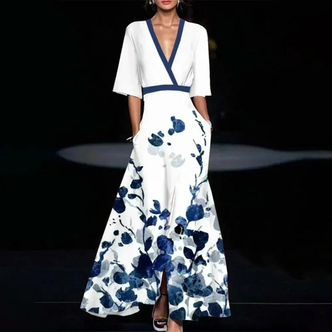 SERAPHINA | BELTED V-NECK FLORAL MAXI DRESS