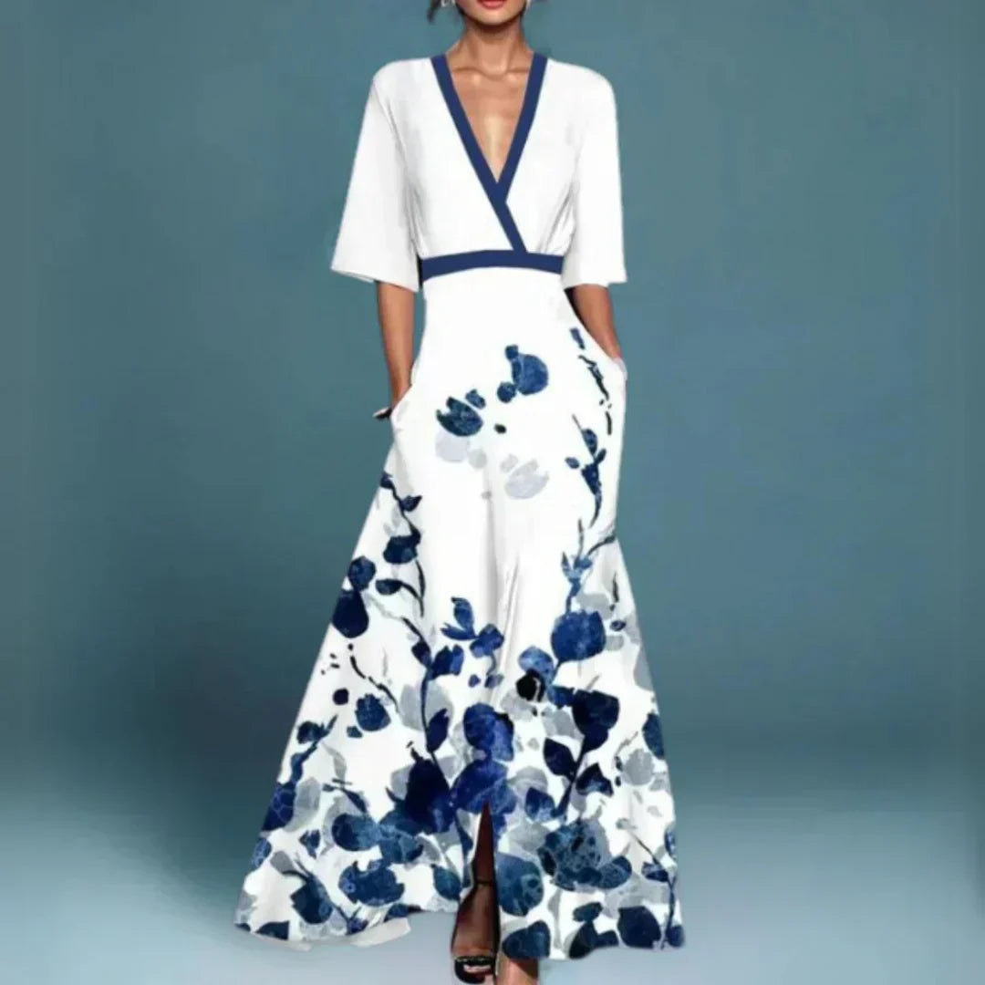 SERAPHINA | BELTED V-NECK FLORAL MAXI DRESS