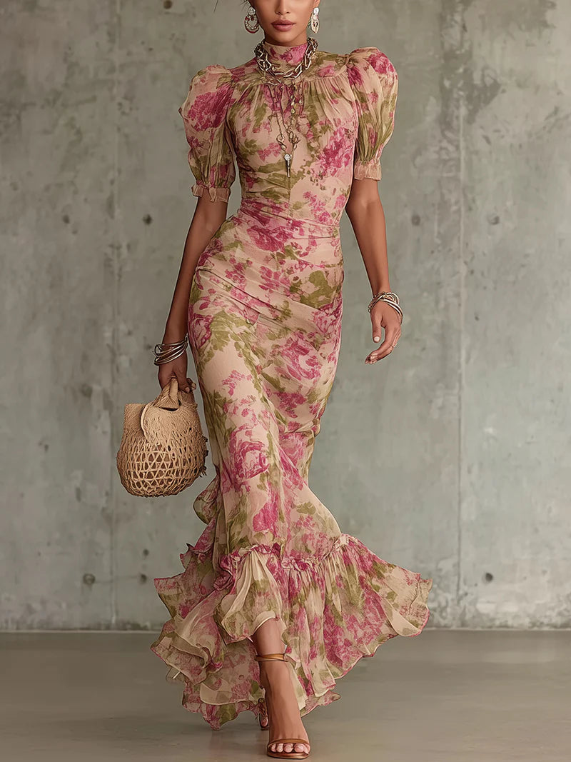 VERENA | ROSE PRINT PUFF-SLEEVE MAXI DRESS